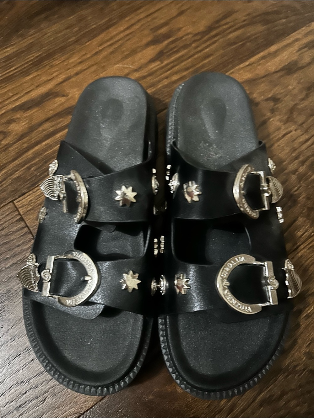 Black Buckle Slide Sandals with Silver Hardware